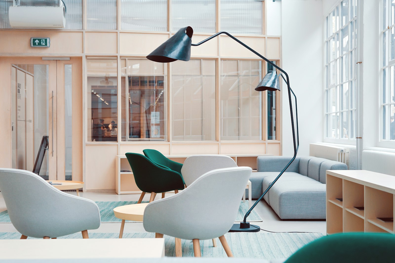 Warm professional lounge and collaborative workspace